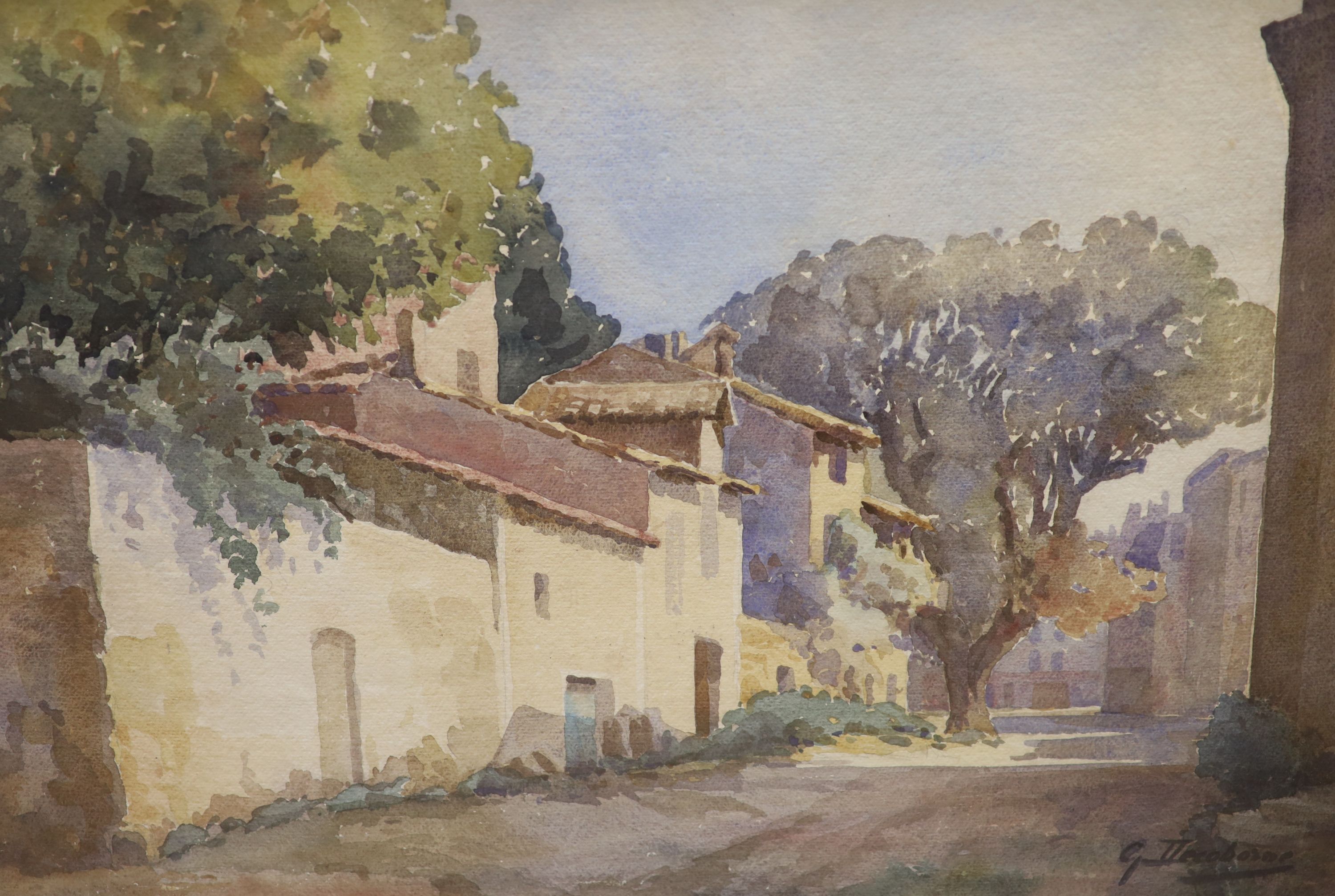 Gabrielle Decohorne (French, b.1881) two street scenes, an associated pair, signed lower right, watercolour, framed and glazed, 37 x 56 (2)
